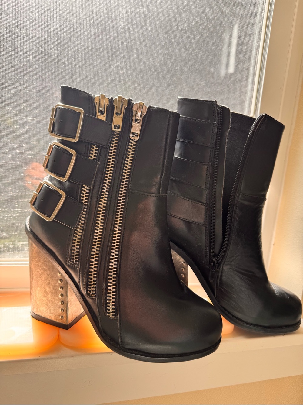 Camper Black Leather Ankle Boots with Gold-Tone Zippers & Buckle Accents